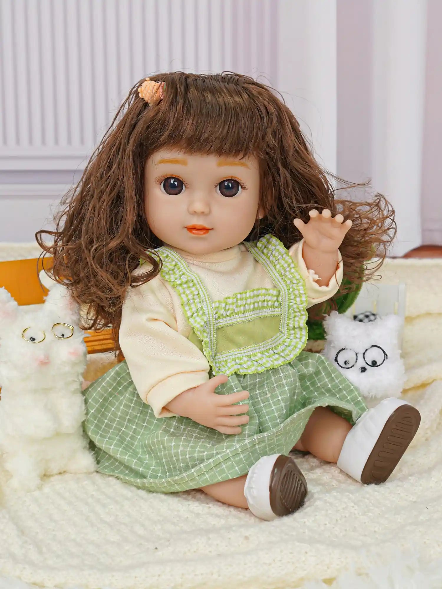 Playful doll with hair clip in green and yellow clothes, with plush dogs wearing glasses.