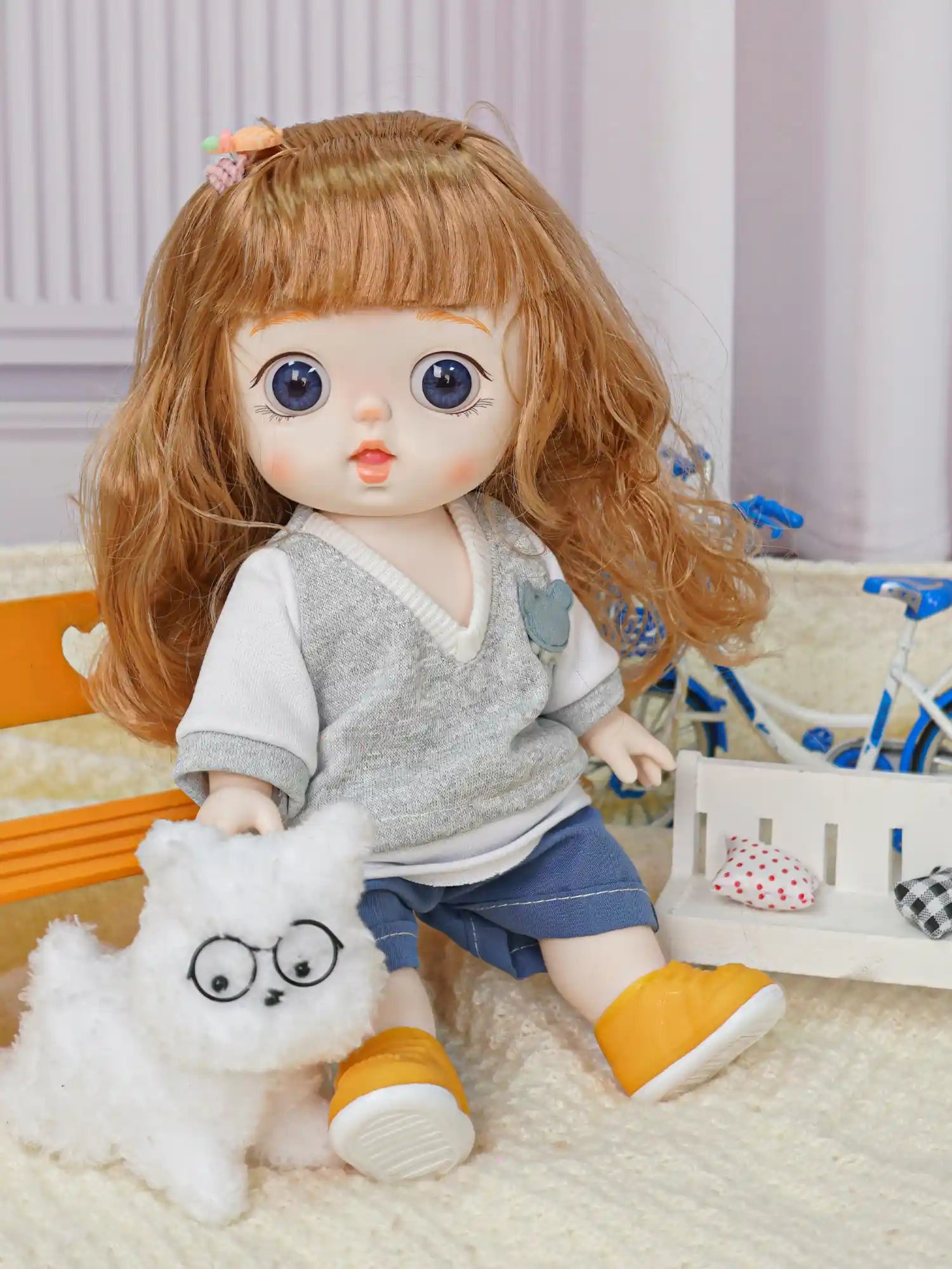 Fashion doll with a surprised expression, wearing casual clothes and yellow shoes, with a fuzzy companion.