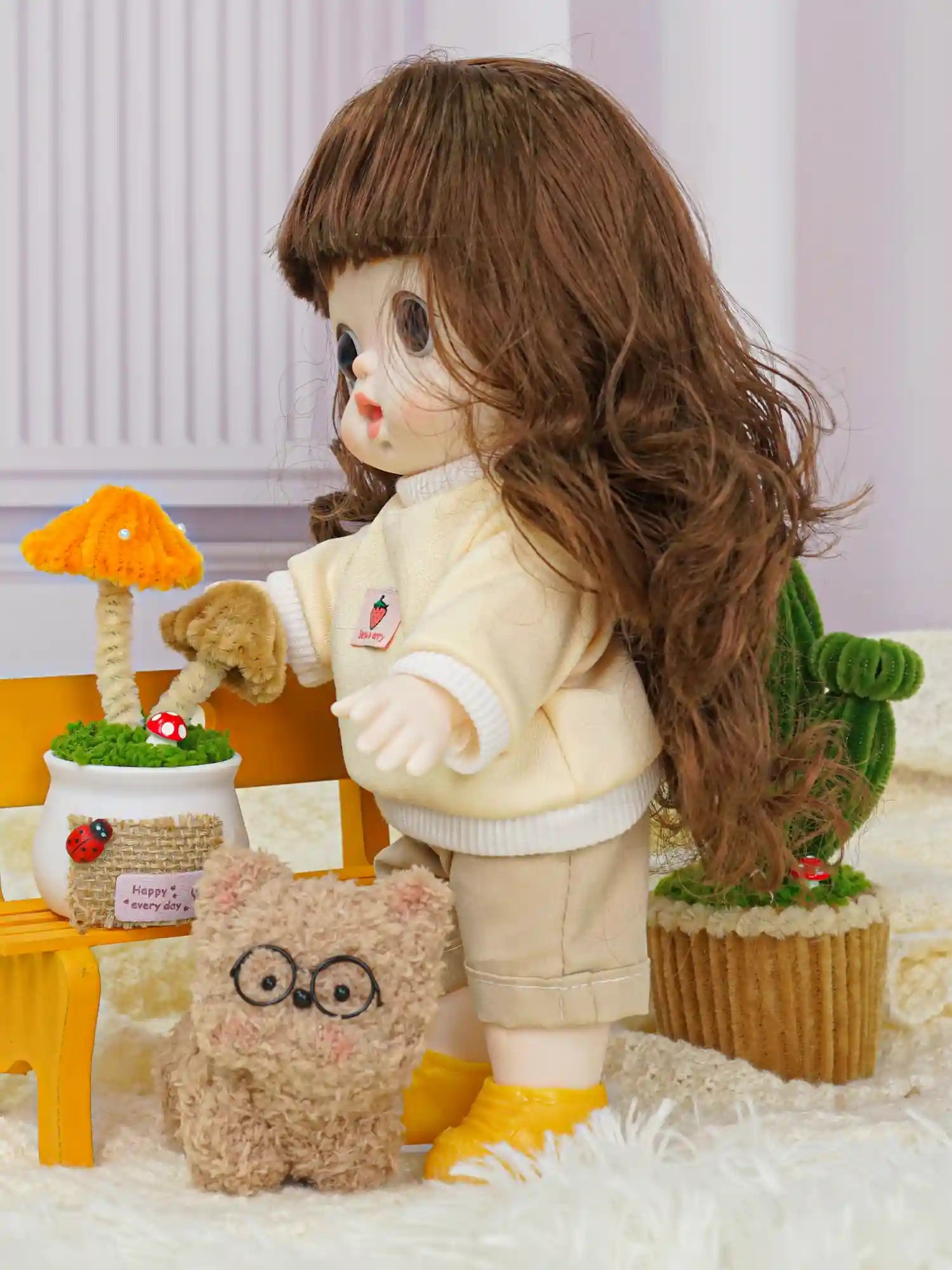 A childlike doll with a welcoming pose in casual play attire, accompanied by a whimsical furry friend.