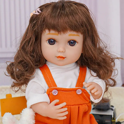 Doll with curly brown hair in orange overalls, white shirt, with plush dog and Eiffel Tower.