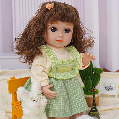 Doll with wavy brown hair, green checked dress, with plush dog and cactus.