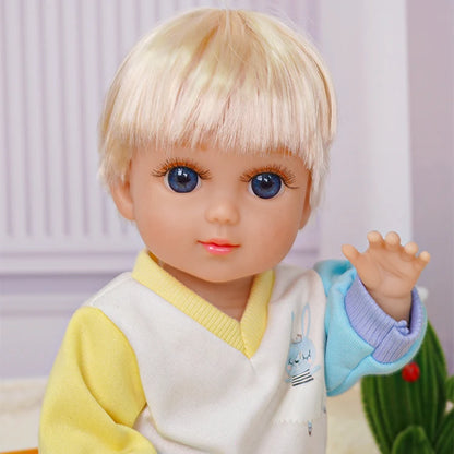 Fashion doll in a casual blue and yellow sweater, denim shorts, with a mini metal tower.