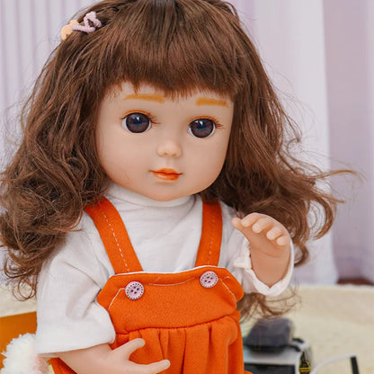 Doll with wavy hair and playful expression, next to a fluffy toy dog and a small Eiffel Tower.