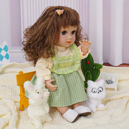 Playful doll with hair clip in green and yellow clothes, with plush dogs wearing glasses.