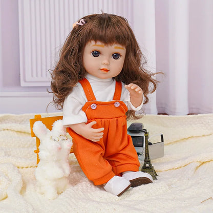 Toy doll in vibrant orange attire seated beside a white fluffy dog with spectacles.