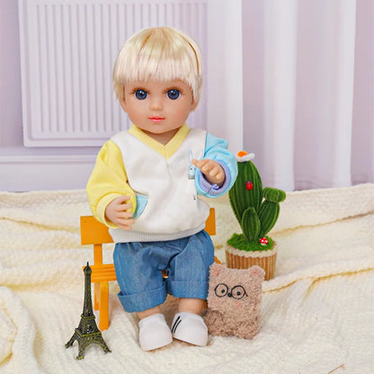 Playful doll with a friendly expression, dressed in a yellow top and blue pants, sitting on a rug.