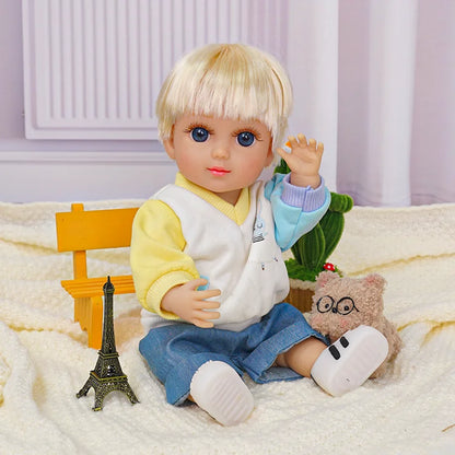 Cute toy doll with blonde bangs, in a colorful outfit, accompanied by a toy owl and Eiffel Tower.