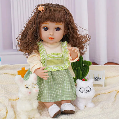 Childlike doll with a friendly expression, in a green jumper and white shoes, with toy dogs.