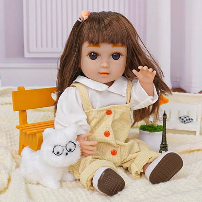 Doll in casual wear with a white dog toy and Parisian souvenir.