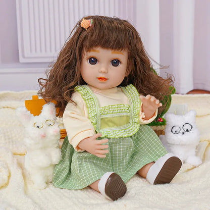 Doll with brown curls, in a checkered dress, accompanied by spectacled dog toys.