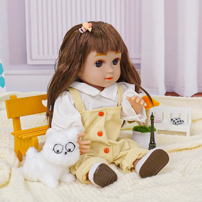 Brown-haired doll, white blouse, yellow overalls, with a stuffed dog and Eiffel Tower.