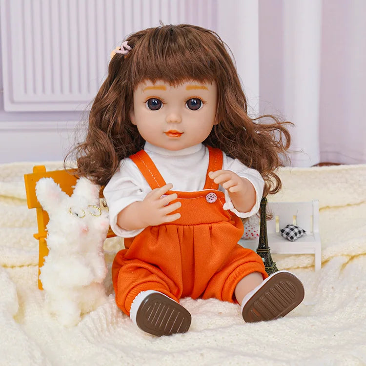 Seated doll with wavy hair, white and orange outfit, next to a plush dog and Paris landmark.
