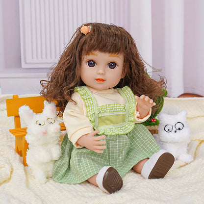 Smiling doll seated with a pair of white fluffy toy dogs and a toy cactus.