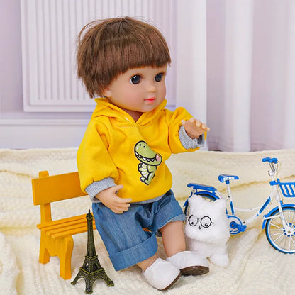 Happy doll in casual outfit, with a bespectacled plush dog and a blue toy bicycle.