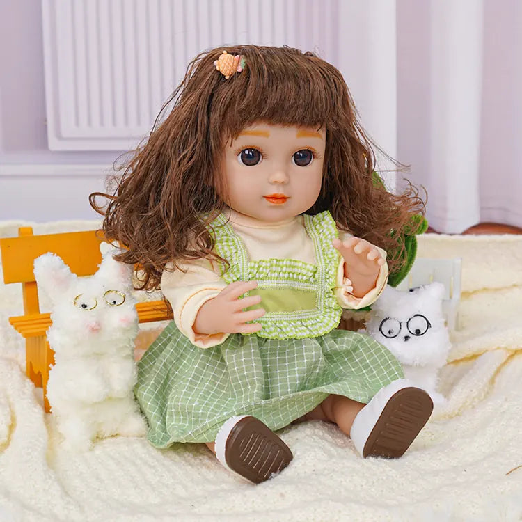 Realistic doll with layered clothing, next to quirky plush dogs and a decorative cactus.