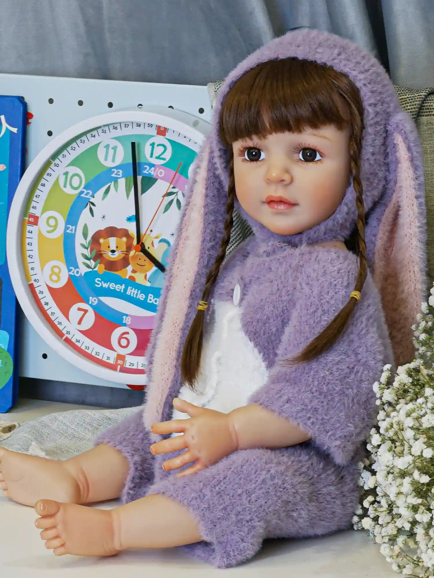 A collectible doll with chestnut brown hair in braids and thoughtful brown eyes, wearing a fluffy lilac bunny costume with long ears, seated against a grey cushion.