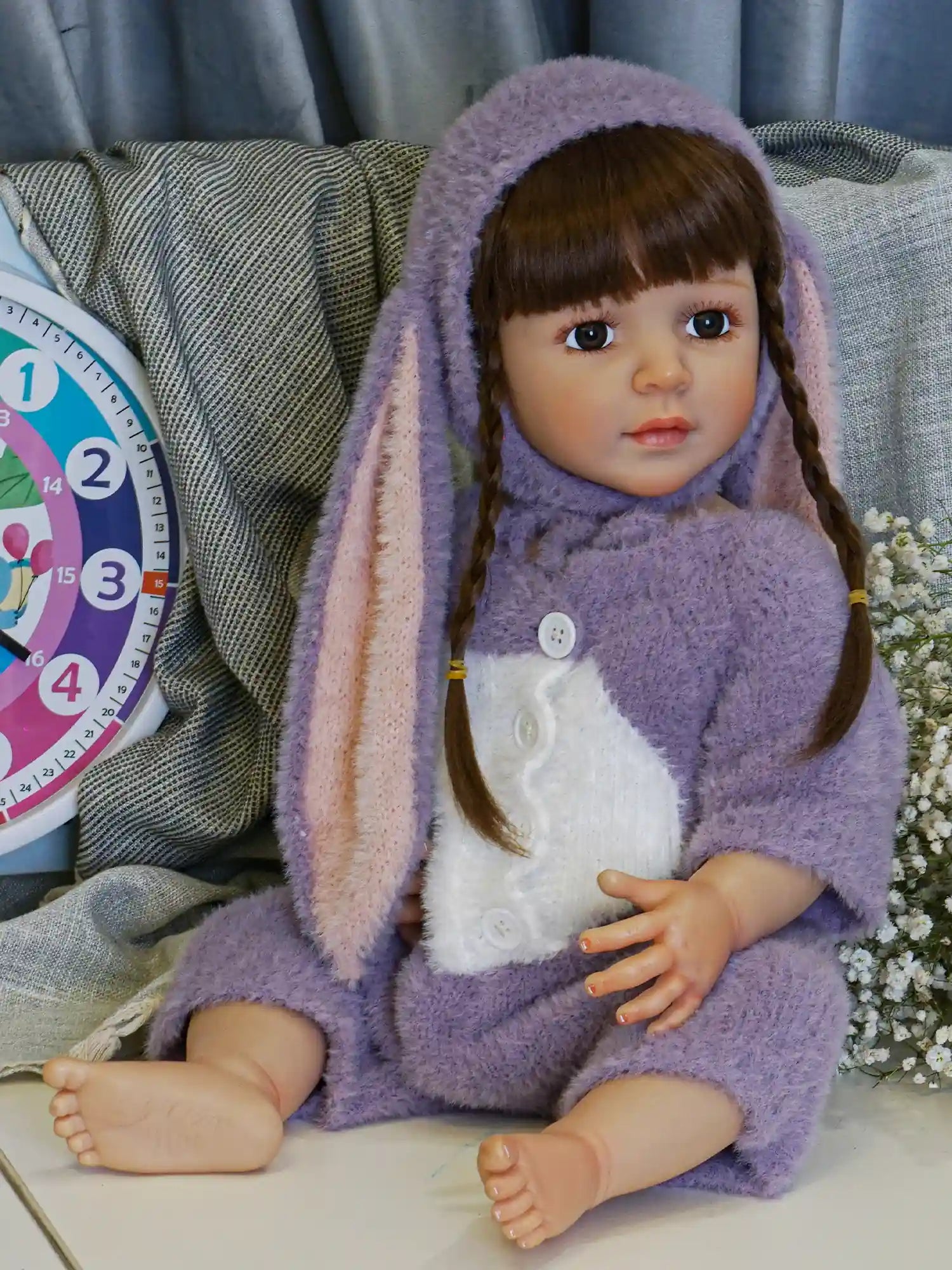 Realistic doll styled as a toddler, with braided brown hair and a serene face, dressed in a soft purple bunny suit, complete with floppy ears and white belly detail.