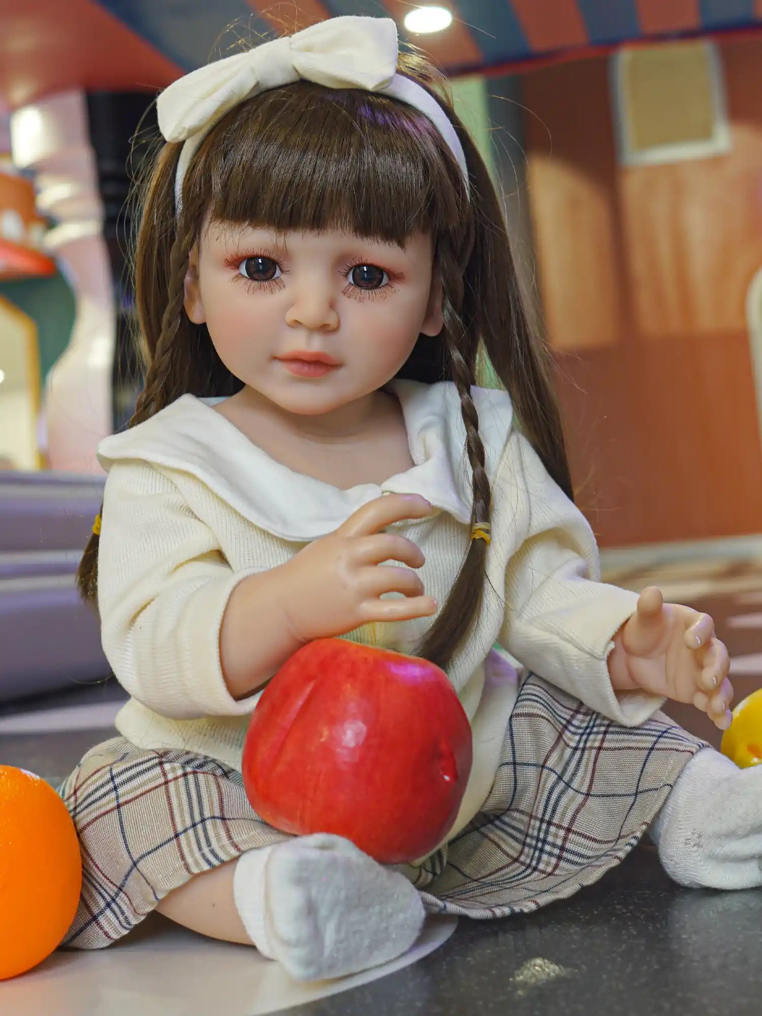Toddler doll with dark brown hair and braids, wearing a white bow, a cozy sweater, and a plaid skirt.