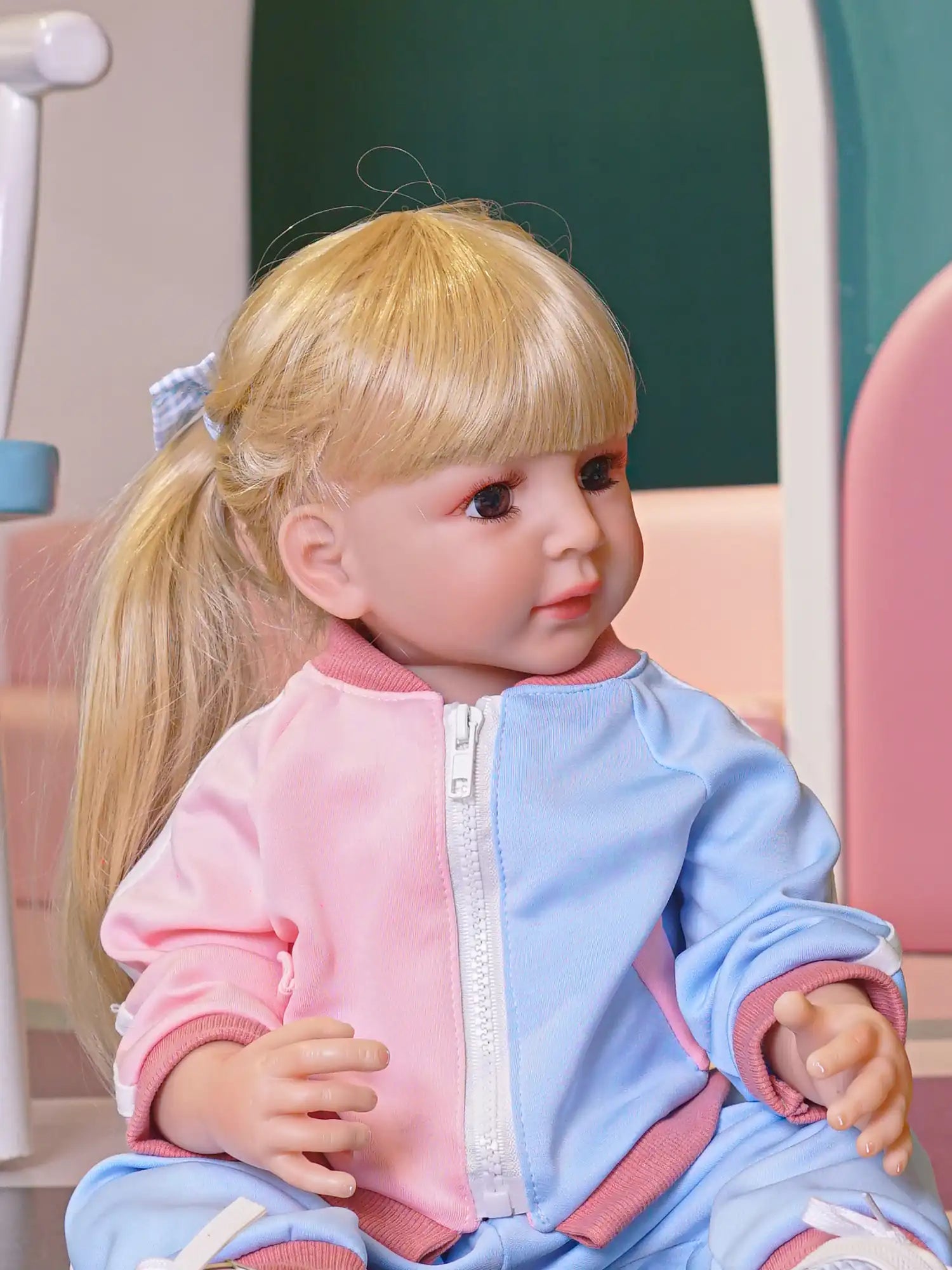 Realistic doll in pink and blue, with a sporty look, sitting indoors.