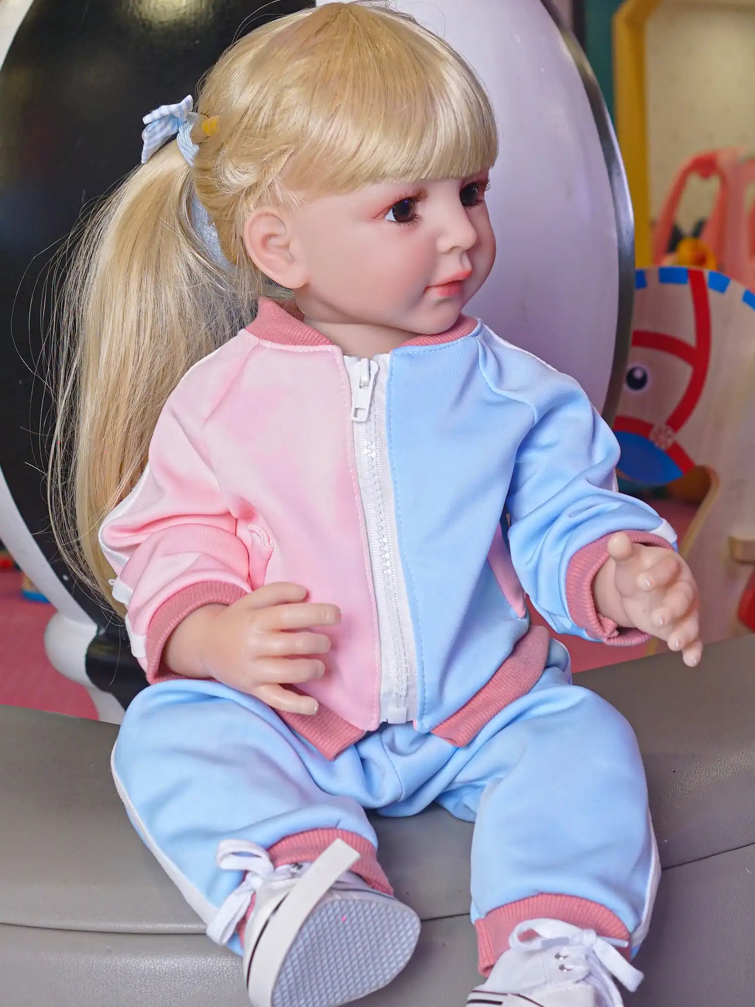 Lifelike sitting doll with a blonde haircut and soft-colored outfit.