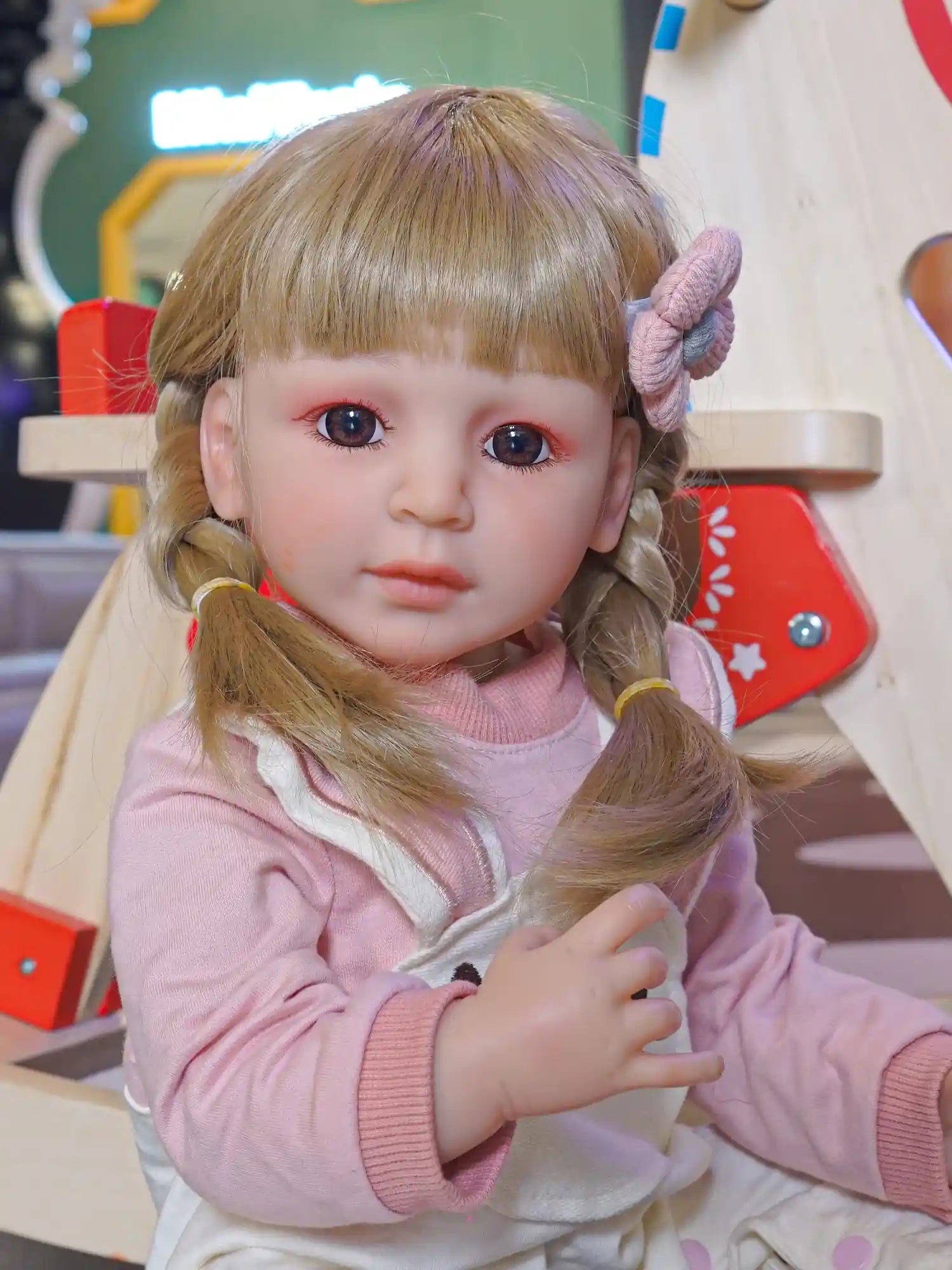 Toddler doll in a seated pose, donning a pink top, white bear overalls, looking contemplative, with wooden toys in the background.