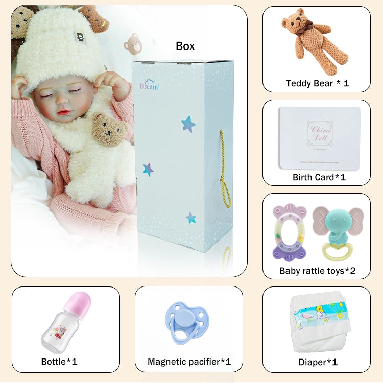 Reborn baby doll with accessories including a teddy bear, birth card, baby rattle toys, bottle, magnetic pacifier, and diaper, along with the doll's packaging box.