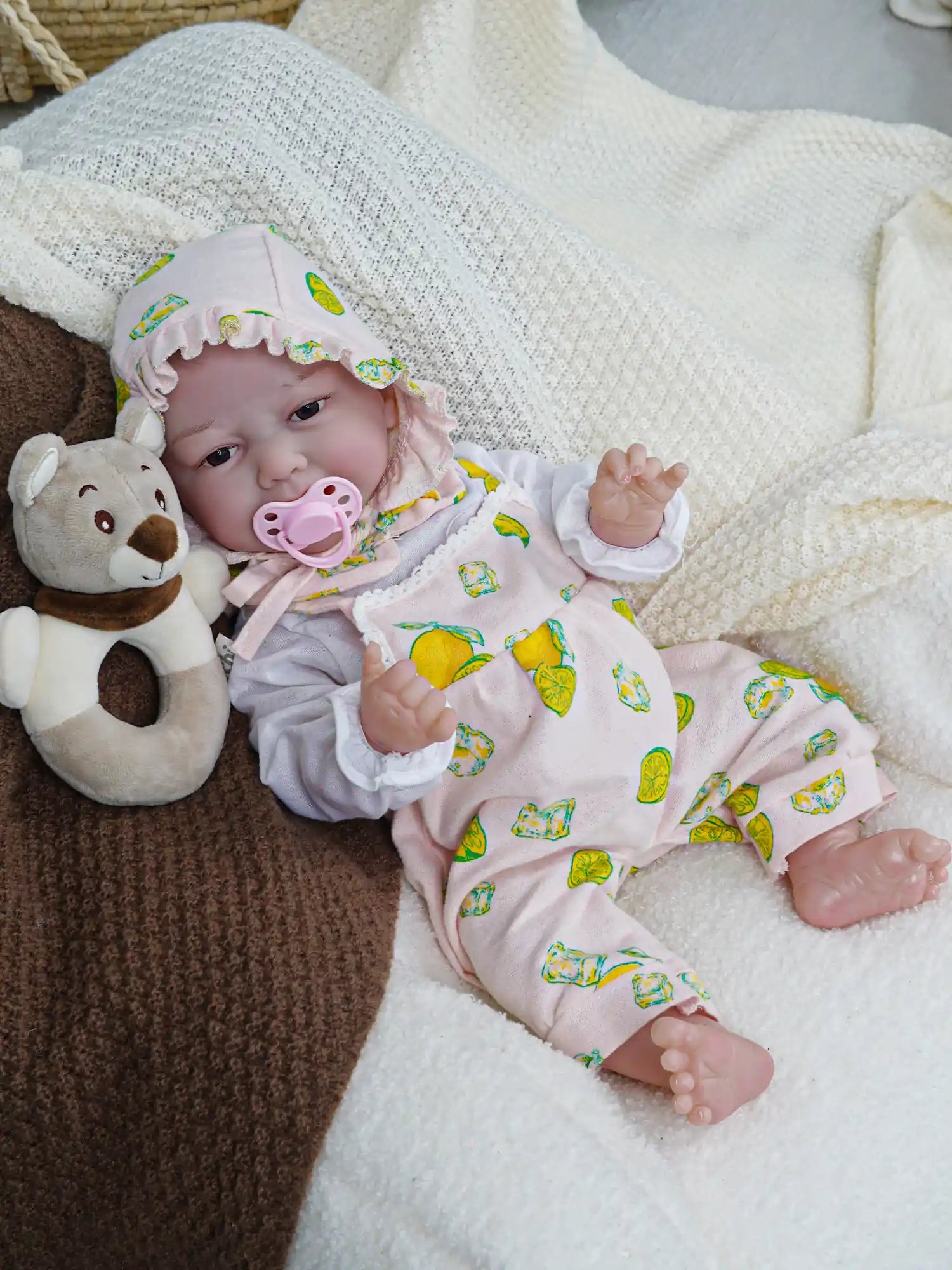 Cute reborn baby doll with pink pacifier lying on sofa