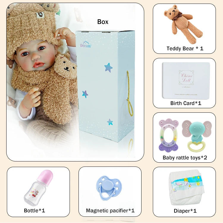 Reborn baby doll packaging contents, showing included items: teddy bear, birth certificate, baby rattle, bottle, pacifier, and diaper.