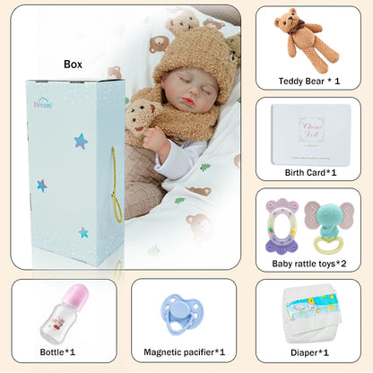 Full accessories set for the reborn baby doll, including a teddy bear, bottle, and pacifier.