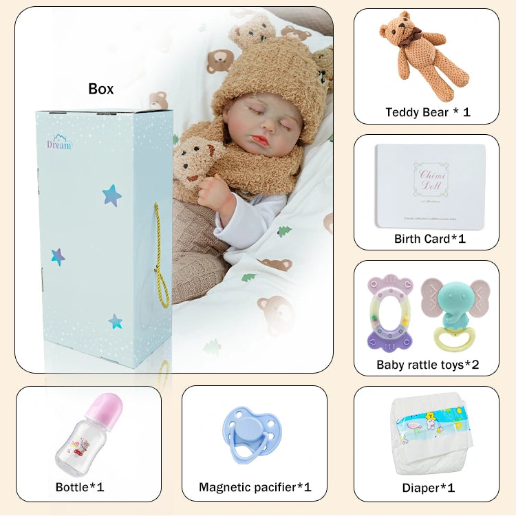 Full accessories set for the reborn baby doll, including a teddy bear, bottle, and pacifier.