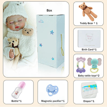 Complete reborn baby doll gift set with teddy bear, magnetic pacifier, and birth certificate.