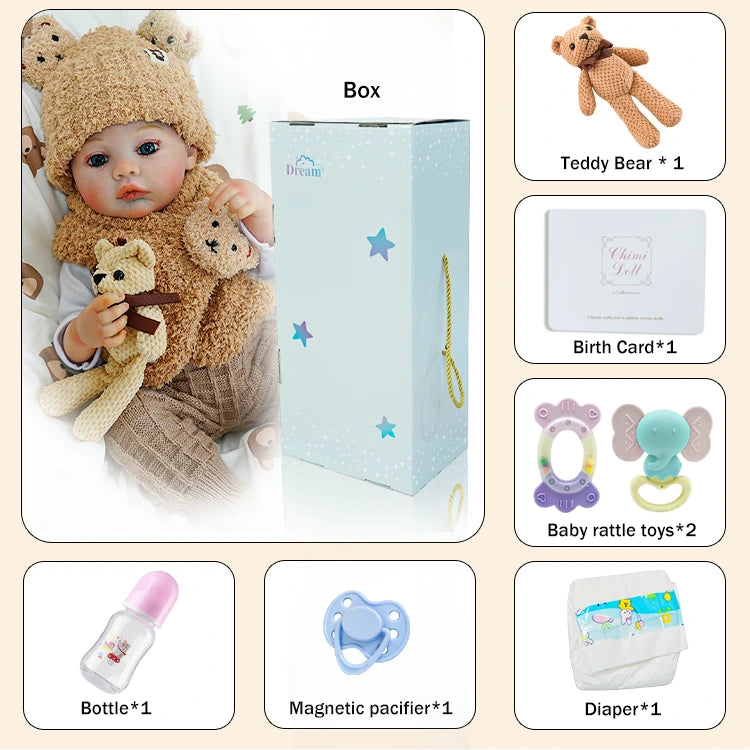 Complete accessories set for the reborn baby doll, including a teddy bear, pacifiers, and bottle.