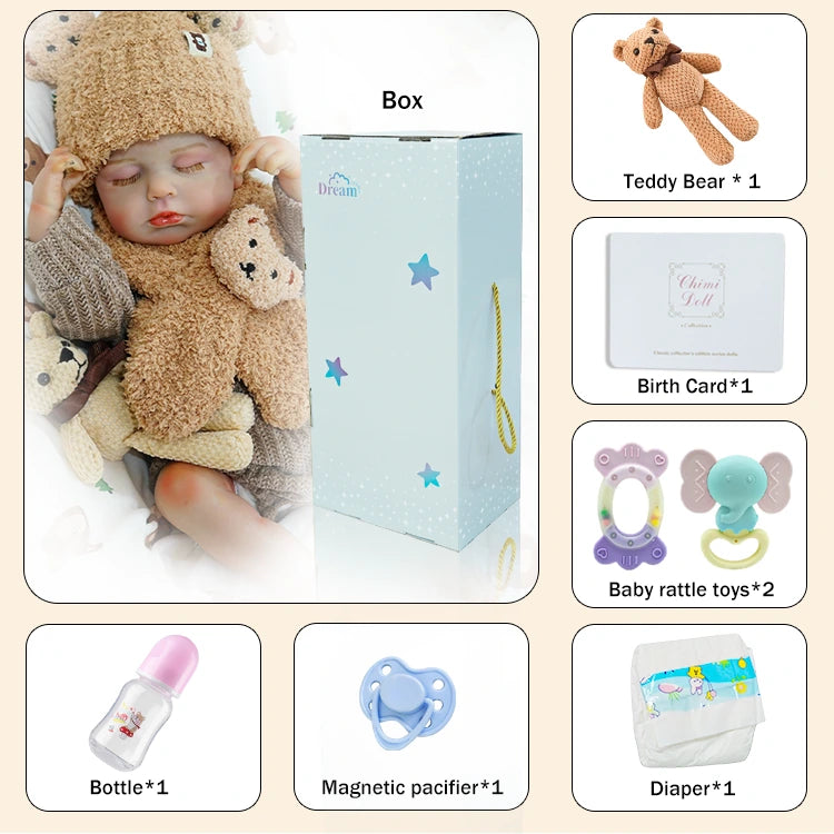 Reborn baby doll complete accessories set, including a teddy bear, bottle, and pacifier.