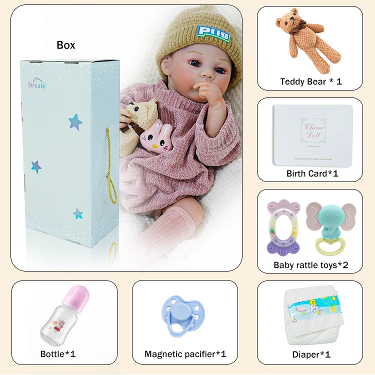 Complete set of accessories for the reborn baby doll, including a teddy bear, bottle, and pacifier.