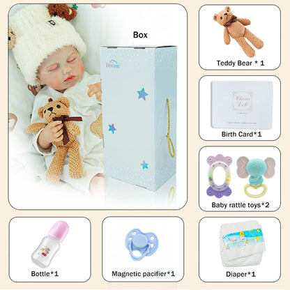 Accessories included: teddy bear, birth certificate, bottle, magnetic pacifier, and diaper.