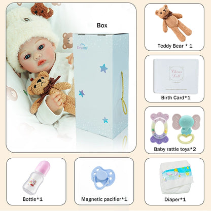 Accessories included: teddy bear, birth certificate, bottle, magnetic pacifier, and diaper.