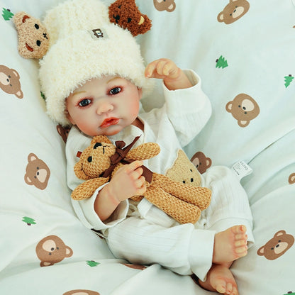 Doll looking up, holding teddy bear with one arm raised.