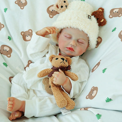 Doll with hands near face, holding a teddy bear.