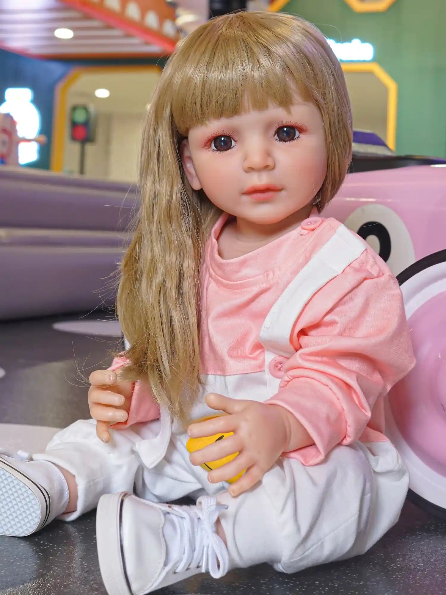 Doll with a lifelike presence, gently clutching a toy, dressed in a comfortable outfit, ready for fun and games.