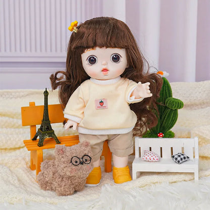 Playful doll with a fringe, clad in a warm sweater and rolled up pants, next to a plush toy in a playful setting.