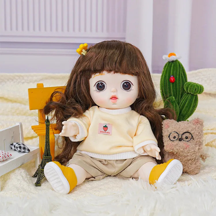 Charming doll with a bright yellow hair accessory and a soft-textured toy, set against a cozy room backdrop.