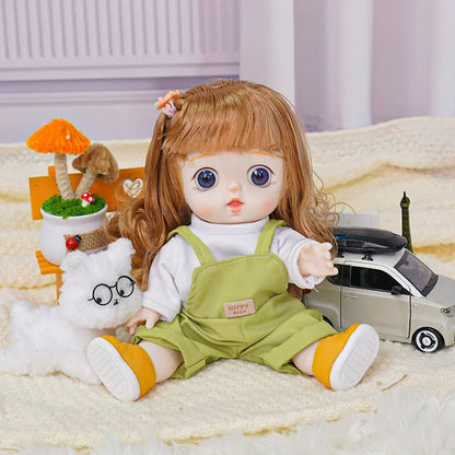 Young doll with flowing hair and outdoor attire, beside a quirky plush cat and a small toy car.