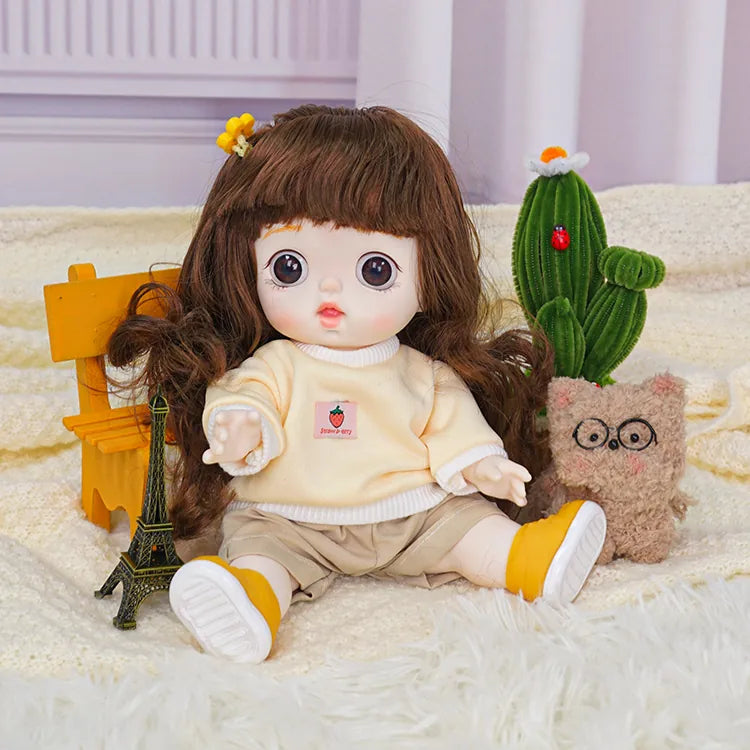 Delightful doll in a casual outfit, with a unique fuzzy toy companion, standing in a miniature playroom.
