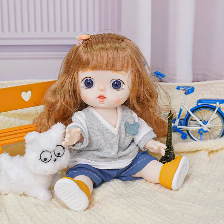 Surprised-looking doll with chic attire and a small whimsical dog sporting glasses in a room with toys.