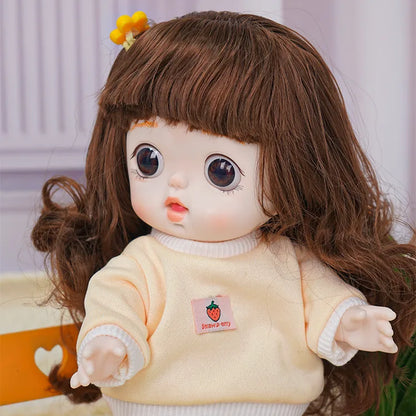 Adorable doll with brown eyes and a cute hairstyle, dressed in a cozy outfit, sharing a scene with a plush toy.