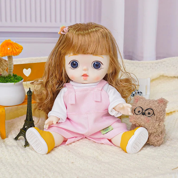 Toy doll with soft features and a cute hair accessory, in playtime attire with a plush companion and a miniature landmark.