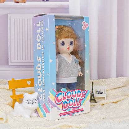 Adorable fashion doll with a side ponytail, complemented by a quirky white toy dog with gold-rimmed glasses.