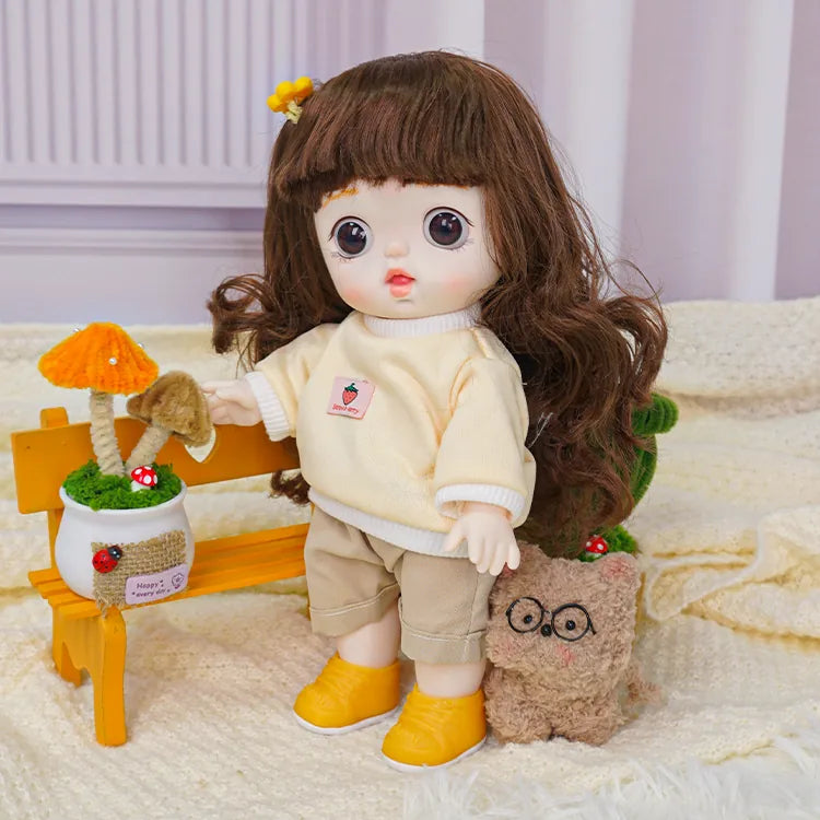 A childlike doll with a welcoming pose in casual play attire, accompanied by a whimsical furry friend.
