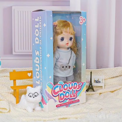 A miniature doll with a friendly expression, dressed in a blue outfit and shorts, in a room with a plush toy and miniature landmarks.